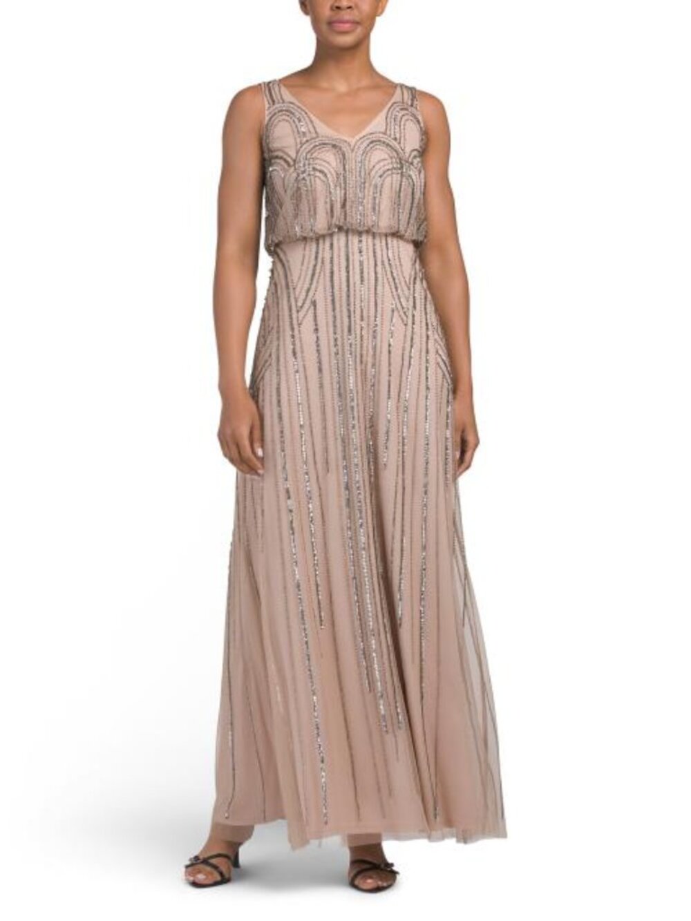 ADRIANNA PAPELL Short Sleeve Blouson Beaded Gown